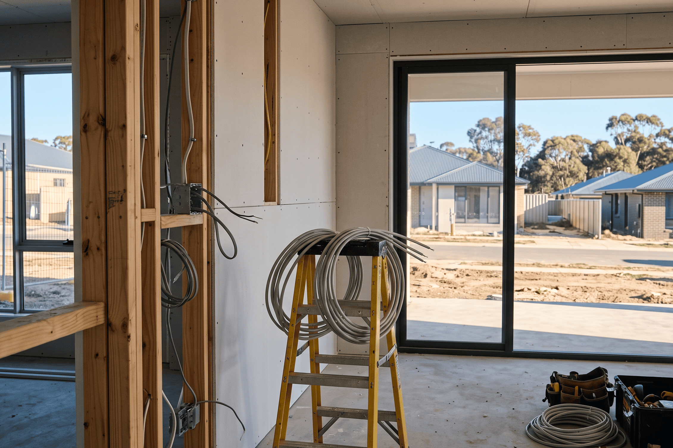 Twilight Electrical electrician working on a new build